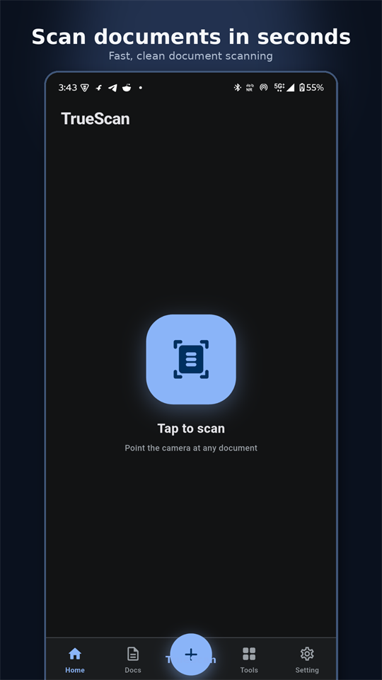 TrueScan home screen showing the Tap to scan button and the document scan icon