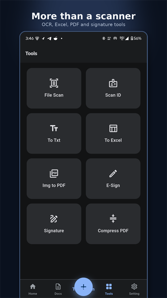 TrueScan Tools tab showing File Scan, Scan ID, To Txt, To Excel, Img to PDF, E-Sign, Signature and Compress PDF tiles